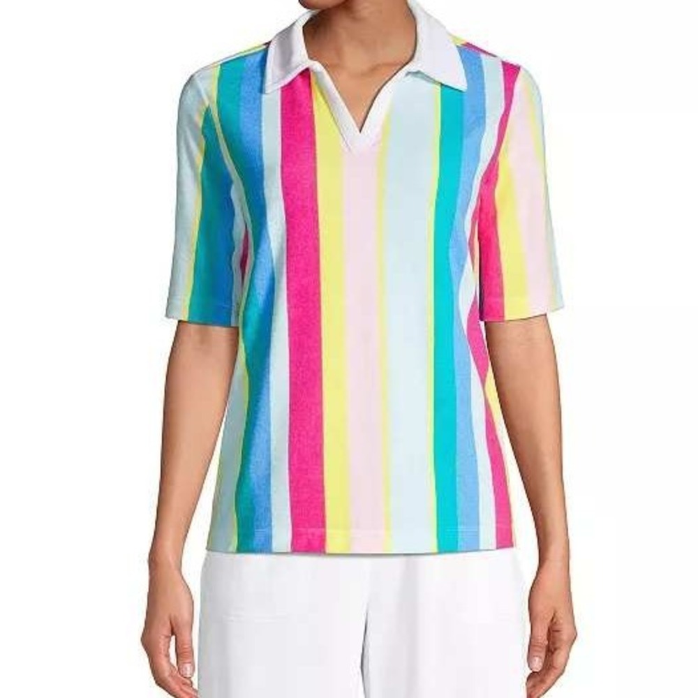 Lands End Seriously Terry Polo‎ Shirt Women 1X UPF Rainbow Resortwear Beach